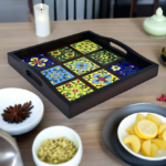 Wood-To-Cart Handcrafted Wooden Tray with Colorful Ceramic Tiles / Serving Tray / Tea & Snacks Serving Platter Wooden / Tray With Handles - for Home, Dining Table, Kitchen Decor, Restaurants, Office, Cafe & Gifts