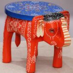 Wood Painted Elephant Stool (Orange)