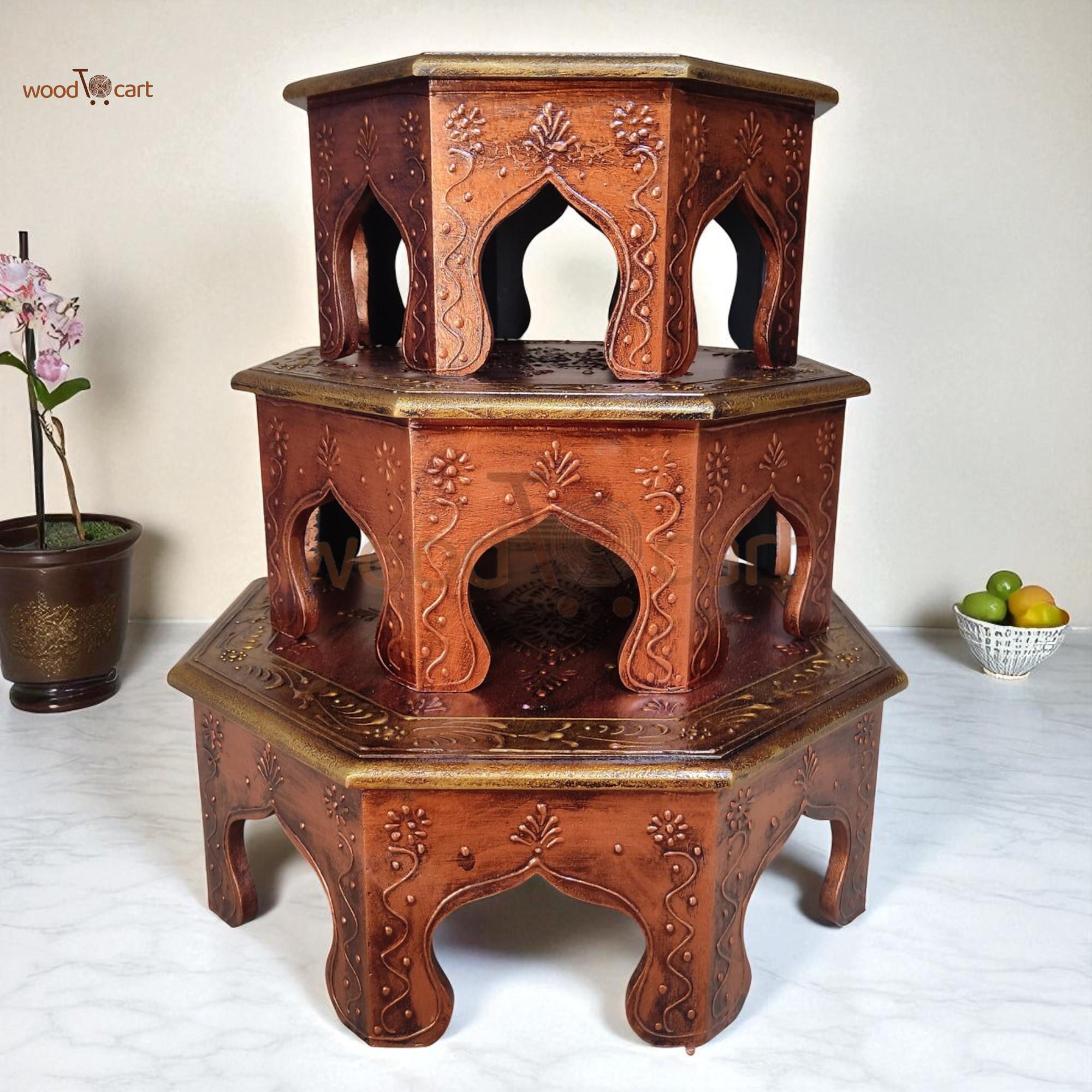 il_1140xN.3385482159_mwer-Photoroom Wood To Cart® Handcrafted Wooden Octangle Hand-Painted Pooja Chowki – Decorative Bajot for Mandir, Diwali, Navratri & Home Decor (Copper Color) - Image 1